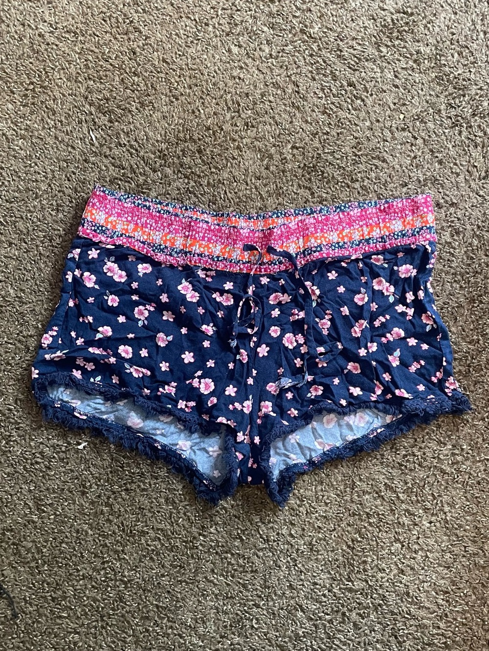 No Boundaries Navy Floral Sleep Shorts with Pink Waistband
